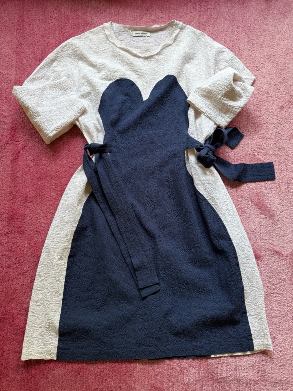 Navy and White Tie-Waist Colorblock Dress